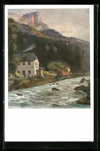 Künstler-AK Lofer, Gasthaus Hinterhorn