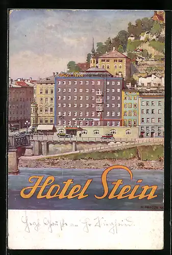 Künstler-AK Salzburg, Hotel Stein mit Fluss