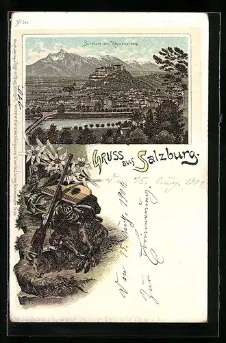 Lithographie Salzburg, Panorama vom Kapuzinerberg aus