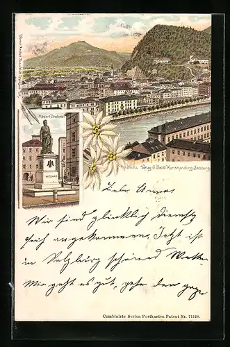 Lithographie Salzburg, Mozart-Denkmal, Ortsansicht aus der Vogelschau