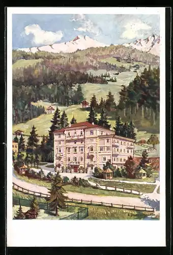 Künstler-AK Badgastein, Kurhaus Villa Mühlberger aus der Vogelschau