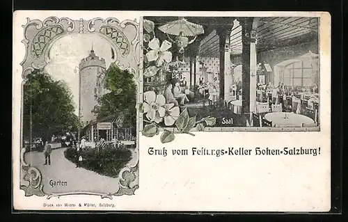 AK Salzburg, Gasthaus Festungs-Keller Hohen-Salzburg, Inneres Saal, Garten