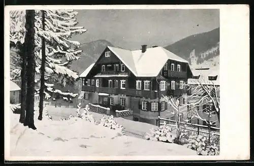 AK Badgastein, Hotel Savoy mit Landhaus im Schnee