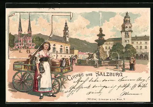 Lithographie Salzburg, Ortspartie mit Brunnen, Kirche