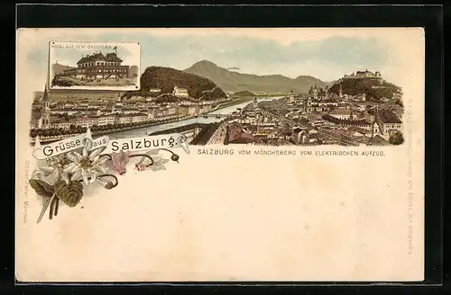 Lithographie Salzburg, Hotel auf dem Gaisberg, Teilansicht vom Mönchsberg vom elektrischen Aufzug