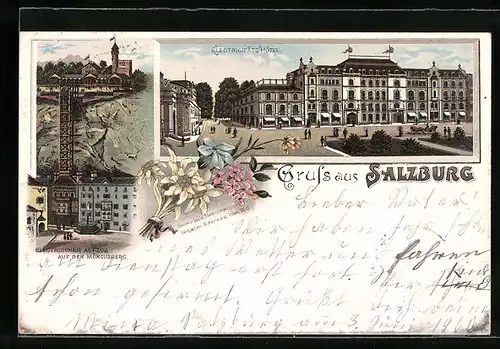 Lithographie Salzburg, Electricitäts-Hotel, Electrischer Aufzug auf den Mönchsberg