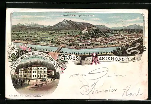 Lithographie Salzburg, Gasthof u. Moorbad-Heilanstalt Marienbad i. Leopoldskron-Moos, Teilansicht vom Kapuzinerberg