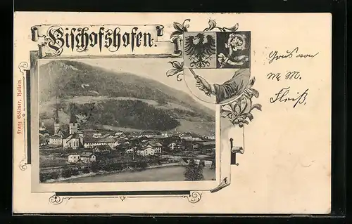 AK Bischofshofen, Panoramablick auf die Ortschaft, Wappen