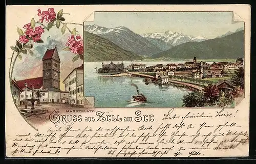 Lithographie Zell am See, Marktplatz mit Kirche, Panorama mit Alpen