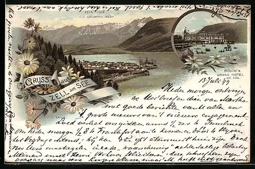 Lithographie Zell a. See, Böhm`s Grand Hotel am See, Teilansicht und das Steinerne Meer