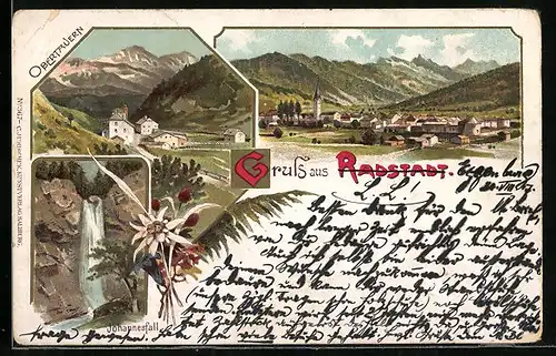 Lithographie Radstadt, Teilansicht, Johannesfall, Obertauern