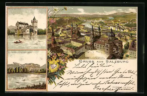 Lithographie Salzburg, Schloss Leopoldskron, Schloss Anif, Blick von der Festung Hohensalzburg auf die Stadt, Wappen