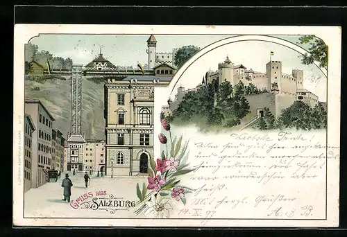 Lithographie Salzburg, Elektrischer Aufzug zur Festung Hohensalzburg