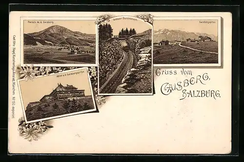 Lithographie Salzburg, Gaisberg, Parsch, Hotel a. d. Gaisbergspitze, Grosser Durchbruch, Edelweiss