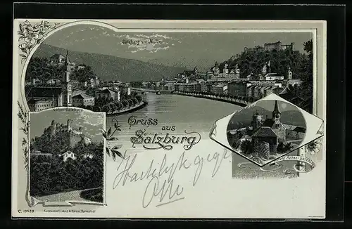 Mondschein-Lithographie Salzburg, Teilansicht, Festung Hohen-Salzburg