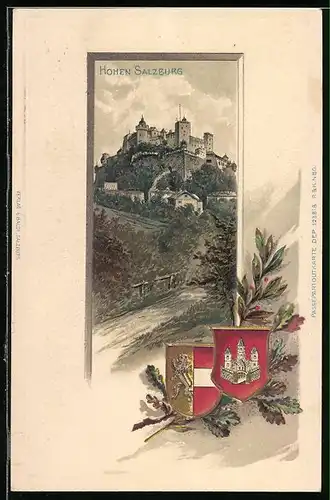 Passepartout-Lithographie Salzburg, Hohen Salzburg mit prächtigem Wappen