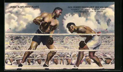 Künstler-AK Toledo, Boxer Jack Dempsey knocks out Jess Willard, July 4, 1919