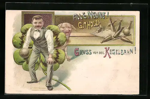 Lithographie Mann beim Kegeln, Glücksklee