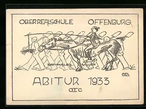 Künstler-AK Offenburg, Abitur 1933 der Oberrealschule, Schüler marschieren mit Spaten