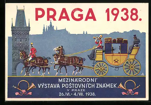AK Praga, Ausstellung 1938, Postkutsche erreicht die Stadt