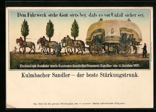 AK Kulmbach, historischer Brauereiwagen von 1831, Reklame für Kulmbacher Sandler