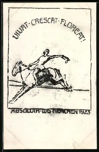 Künstler-AK München, Absolvia 1923, Pferd und Reiter setzen über ein Hindernis