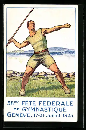 Künstler-AK Geneve, 58me. Fete Federale de Gymnastique 17.-21.07.1925, Speerwerfer im Wettkampf