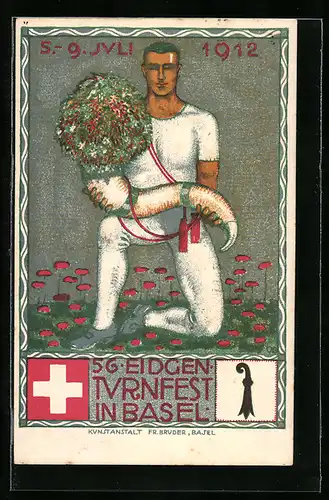 AK Basel, Turnfest 1912, Turner mit Blumen-Füllhorn, Schweizer Kreuz