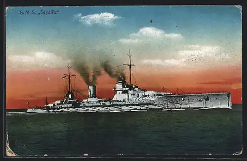 AK Kriegsschiff SMS Seydlitz im Abendrot