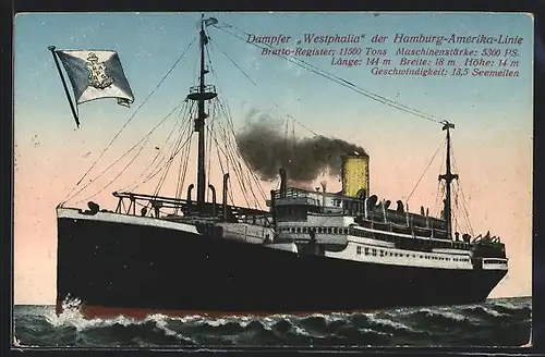 AK Dampfer Westphalia der Hamburg-Amerika-Linie