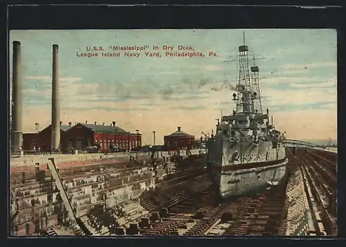 AK Philadelphia, PA, League Island Navy Yard, Kriegsschiff USS Mississippi im Trockendock