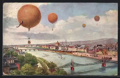 Künstler-AK Frankfurt, Internationale Luftschiffahrts-Ausstellung, Ballone über dem Main