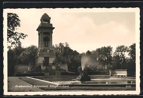 AK Bruckneudorf, Kriegerdenkmal mit Springbrunnen