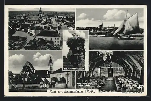 AK Rust am Neusiedlersee /N.-D., Inneres Gasthaus Rathauskeller, Storch-Nest, Strassenpartie mit Kirche