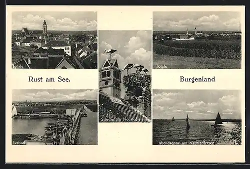 AK Rust am See, Abendsonne am Neusiedlersee, Seebad, Storchennest