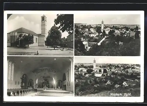 AK Nikitsch, Kirche, Aussen- und Innenansicht, Panorama
