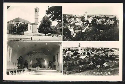 AK Nikitsch, Kirche, Aussen- und Innenansicht, Panorama