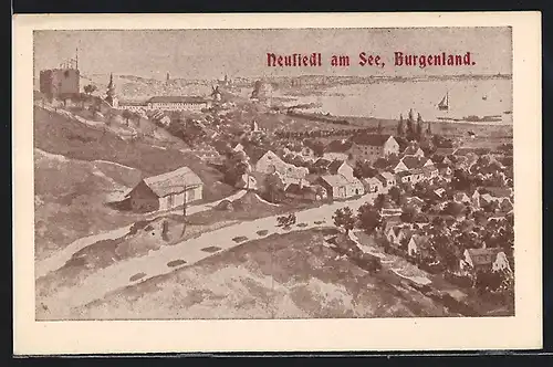 Künstler-AK Neusiedl am See, Ortsansicht mit dem Neusiedler See