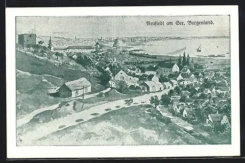 Künstler-AK Neusiedl am See, Panorama mit dem Neusiedler See