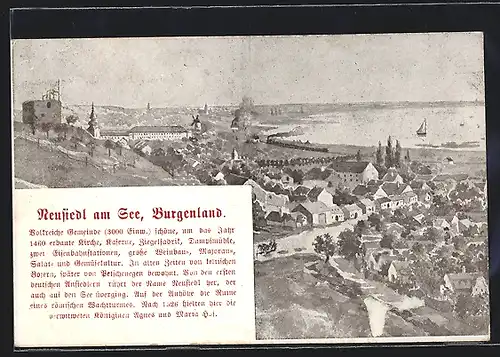 Künstler-AK Neusiedl am See, Blick von oben auf die Gemeinde