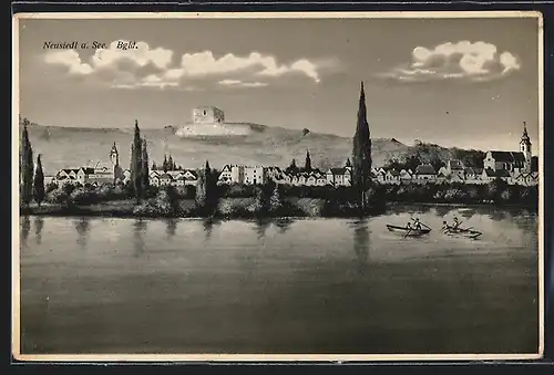 Künstler-AK Neusiedl am See, Ansicht vom Wasser aus