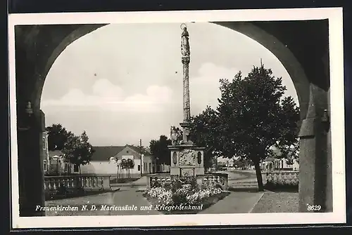 AK Frauenkirchen, Mariensäule und Kriegerdenkmal