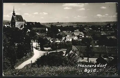 AK Hannersdorf, Ortsansicht mit Kirche aus der Vogelschau