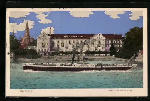 AK Konstanz, Insel-Hotel mit Münster und Dampfschiff