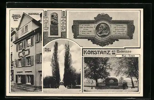 AK Konstanz am Bodensee, Blick in die Hus-Allee, das Hus-Haus, am Hus-Stein