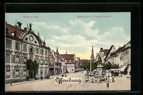 AK Offenburg, Marktplatz mit Drake-Denkmal