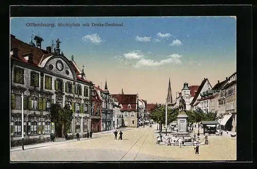 AK Offenburg, Marktplatz mit Drake-Denkmal
