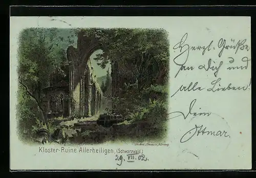 Lithographie Allerheiligen /Schwarzwald, Blick auf die Kloster-Ruine