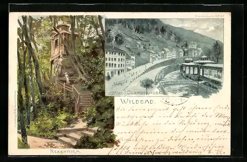 Künstler-AK Carl Münch: Wildbad, Olgastrasse mit Brücke, Hexenturm im Wald