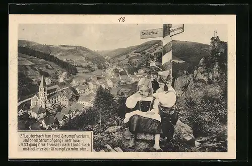 AK Lauterbach, Teilansicht und Kinderpaar in Tracht